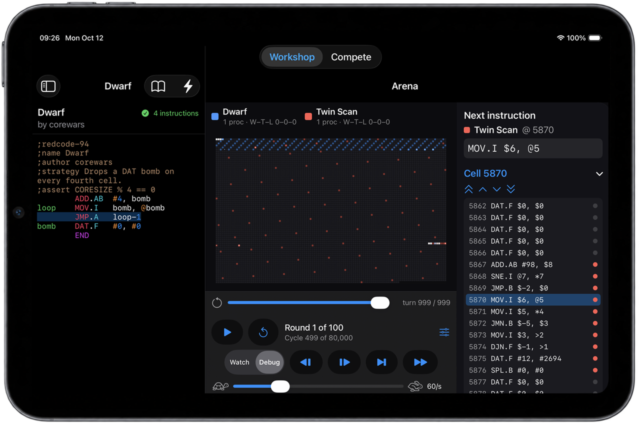 Core War Studio on iPad: editor, arena and next-instruction inspector