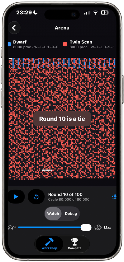 Core War Studio on iPhone: a battle running in the arena