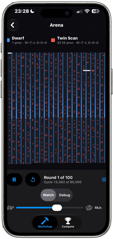 Core War Studio on iPhone: the arena after round 10, a tie