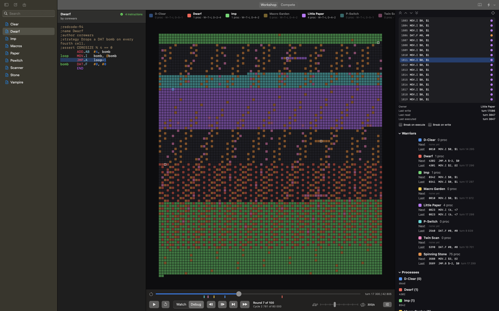 Core War Studio on Mac: the editor, the live core with eight warriors and the debugger inspector