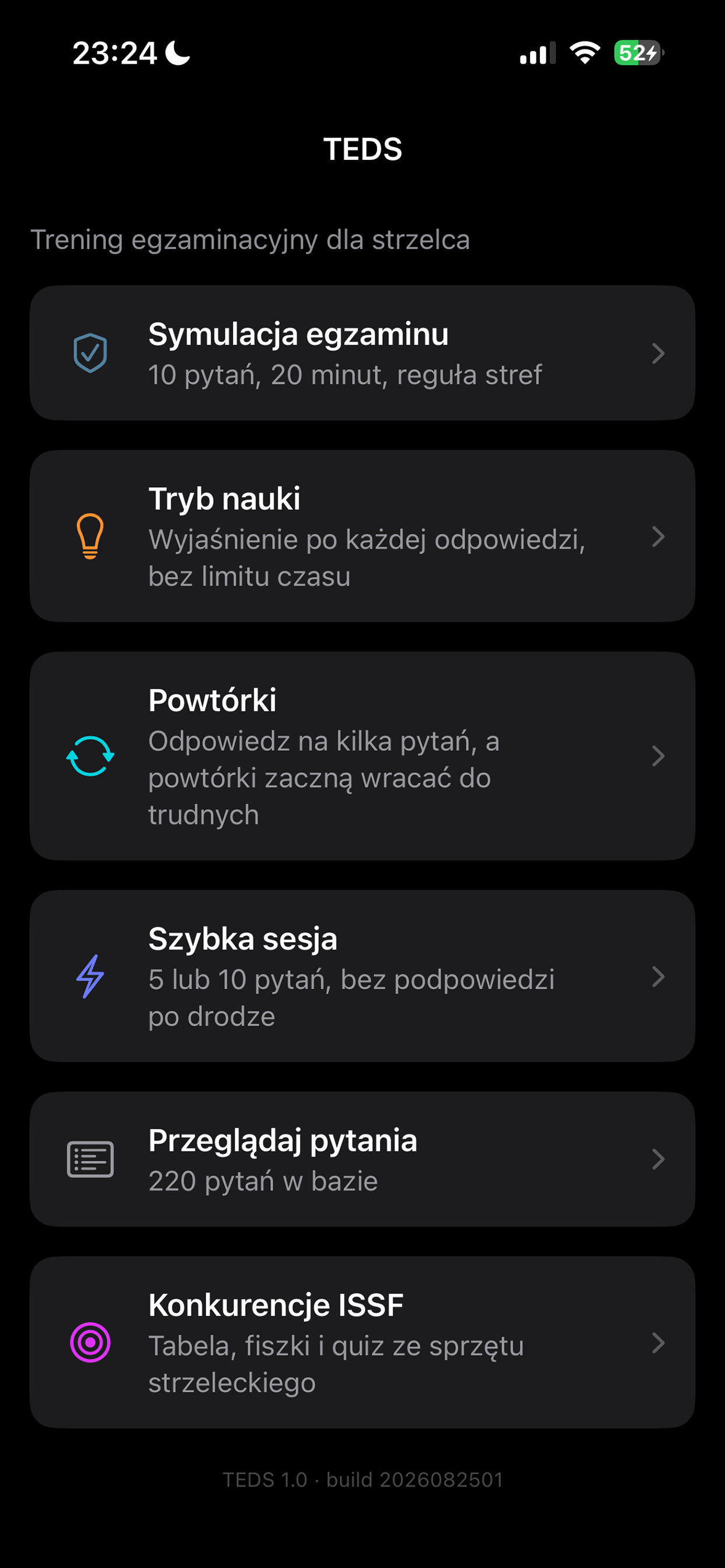 Home screen — readiness indicator, learning stats, and every mode at a glance